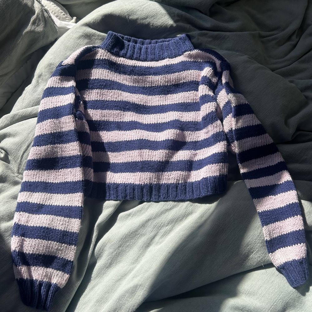Navy and Pink Hand Knit Cropped Sweater